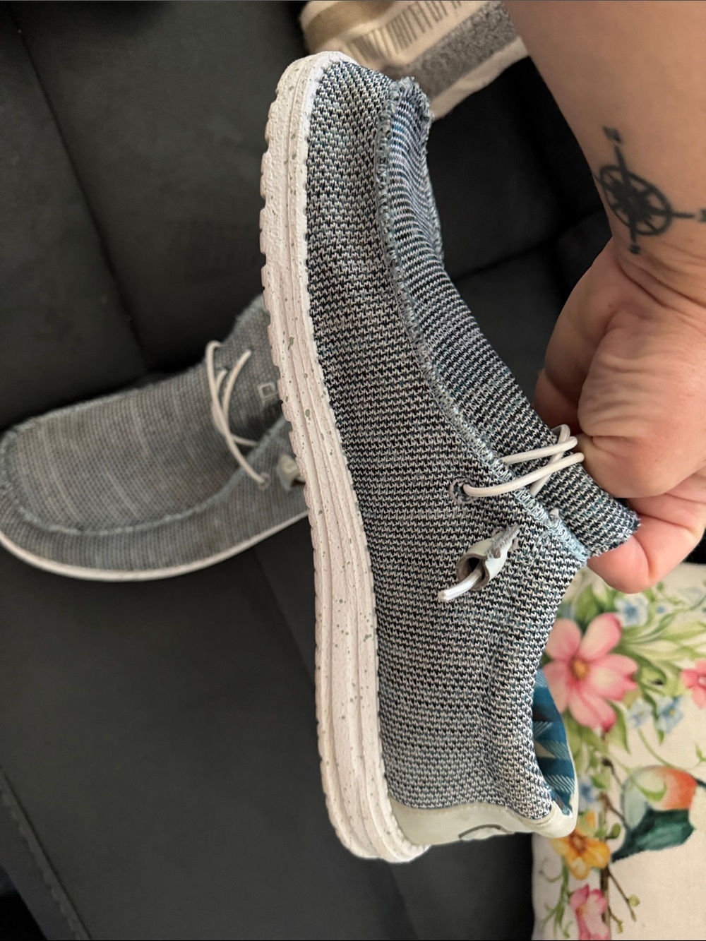 Hey Dude Gray Knit Slip-On Loafers with Teal Lining - Picture 2 of 3
